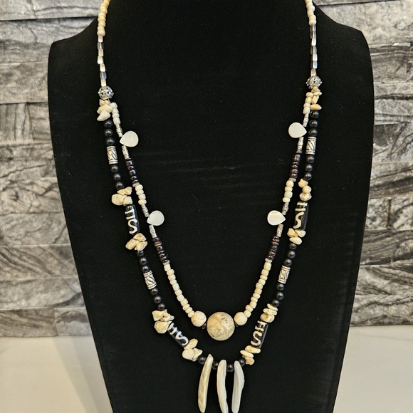 Boho Bone Black & Ivory 2-Strand 24" Necklace - Picture 6 of 7